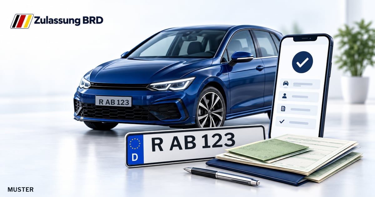 Online Fahrzeugzulassung in Lappersdorf: Musterkennzeichen R AB 123, Auto und Fahrzeugpapiere und Smartphone. Illustration mit Logo von Zulassung BRD.